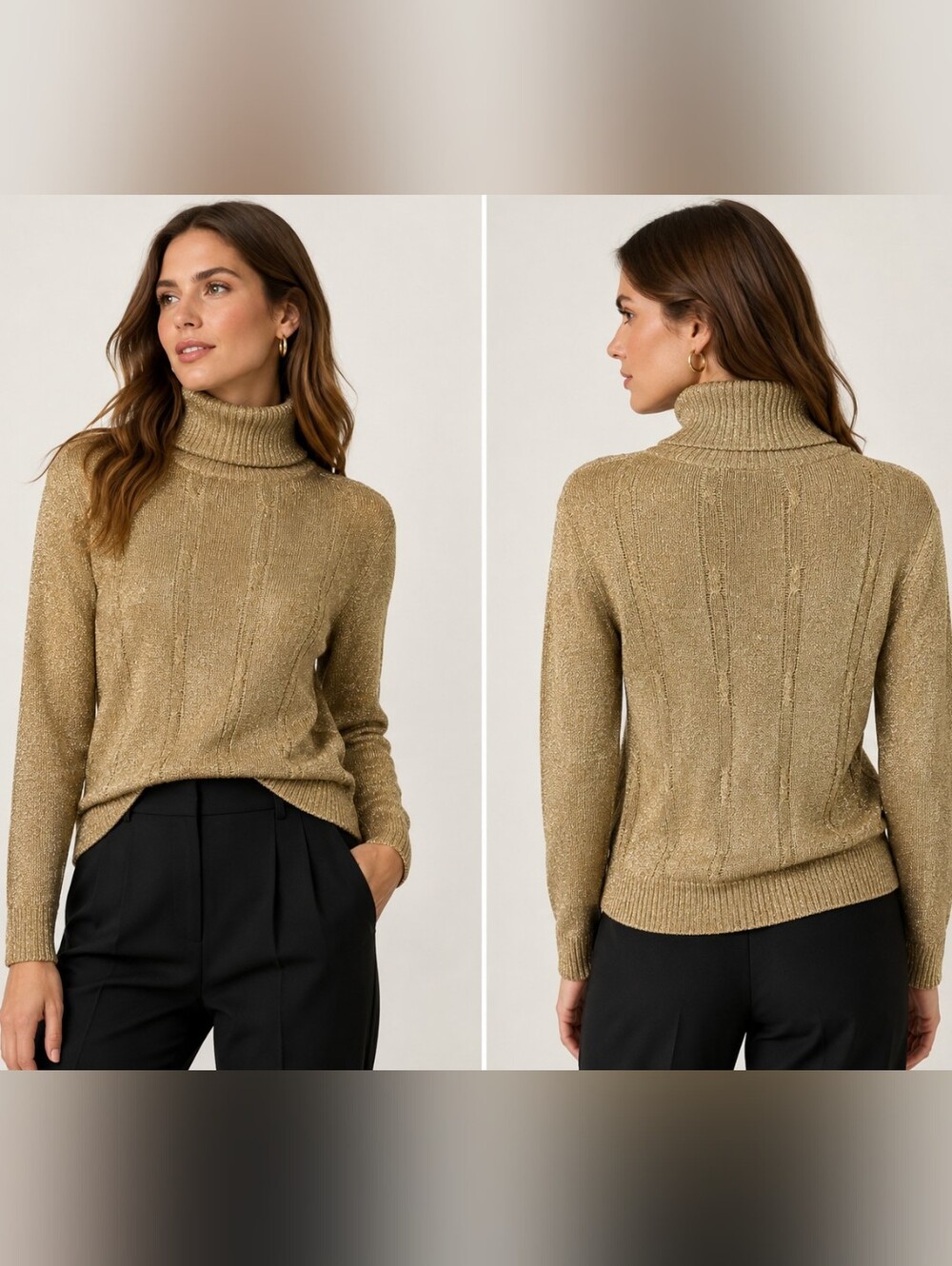 Evan-Picone Gold Metallic Turtleneck Sweater Women Cable Knit Holiday Party